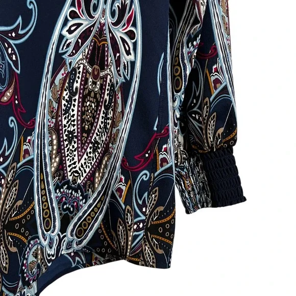 Chicos Sz 2 US L / 12 Paisley Print Smocked‎ Mock Neck Long Sleeve Blouse - Picture 3 of 9